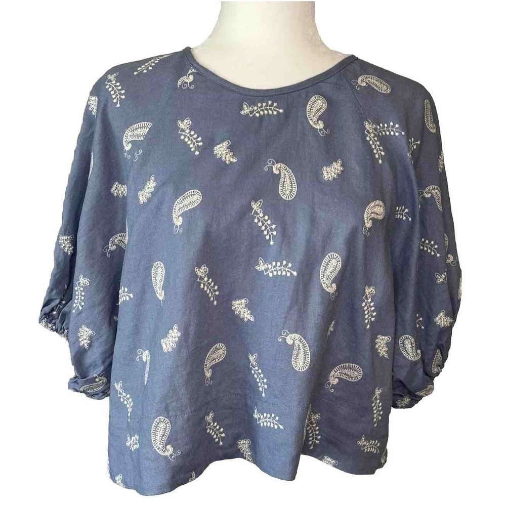 House of Harlow 1960 Top Blouse Crop Blue LG Linen Blend Paisley Embroidery Boho